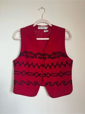 Red Embroidered Vest with Black Trim